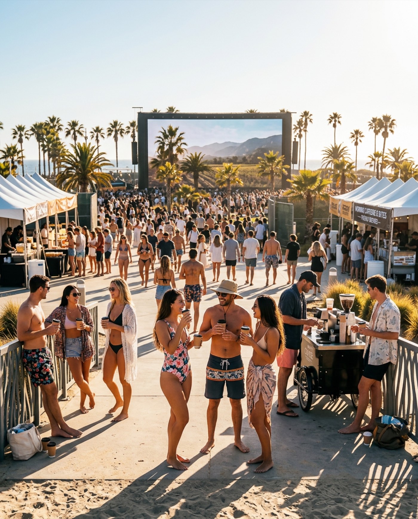 Daytime crowd at Venice Beach fan zone, screen behind palm trees