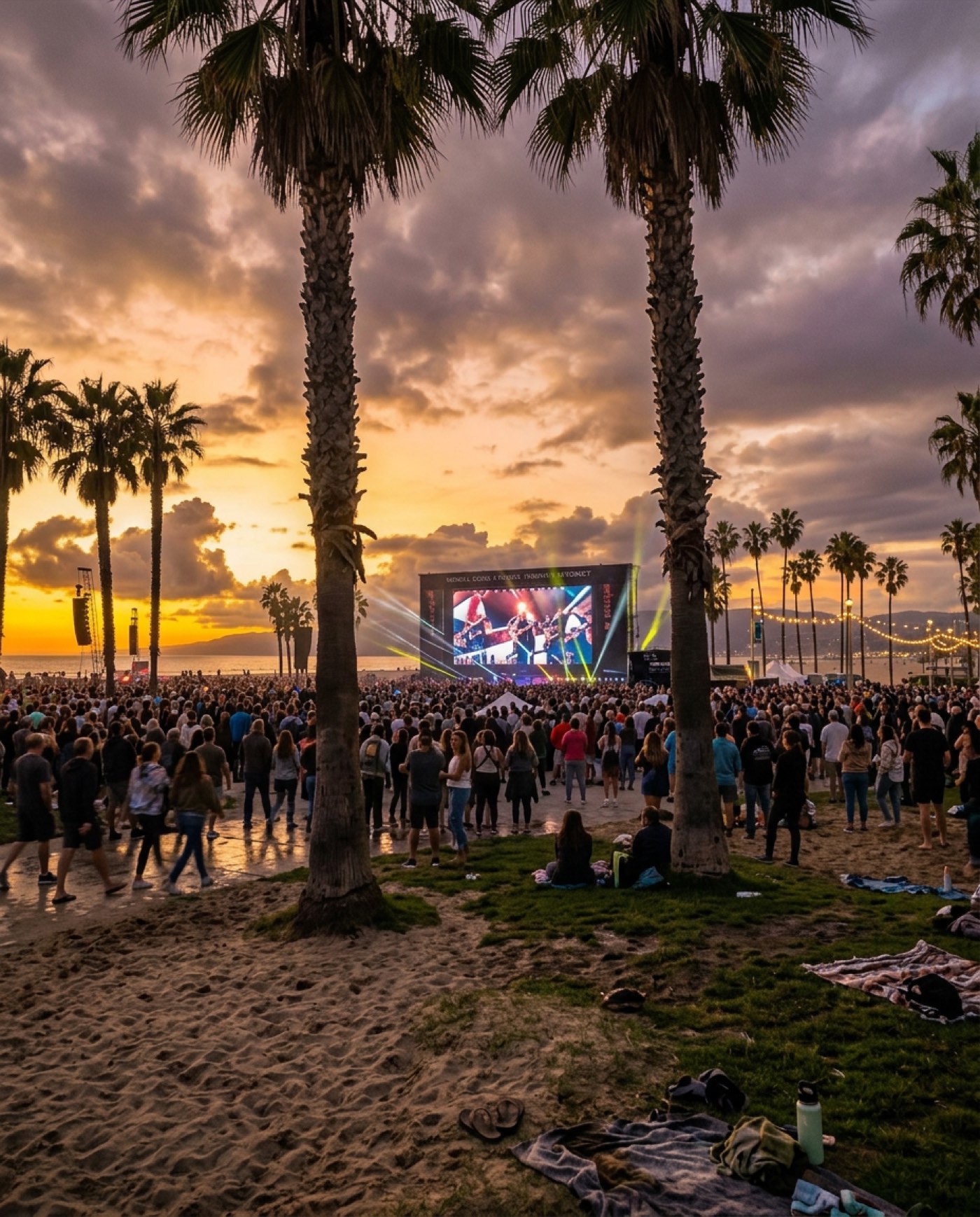 Close-up of the Fan Zone crowd on the beach, editorial scene from the ground