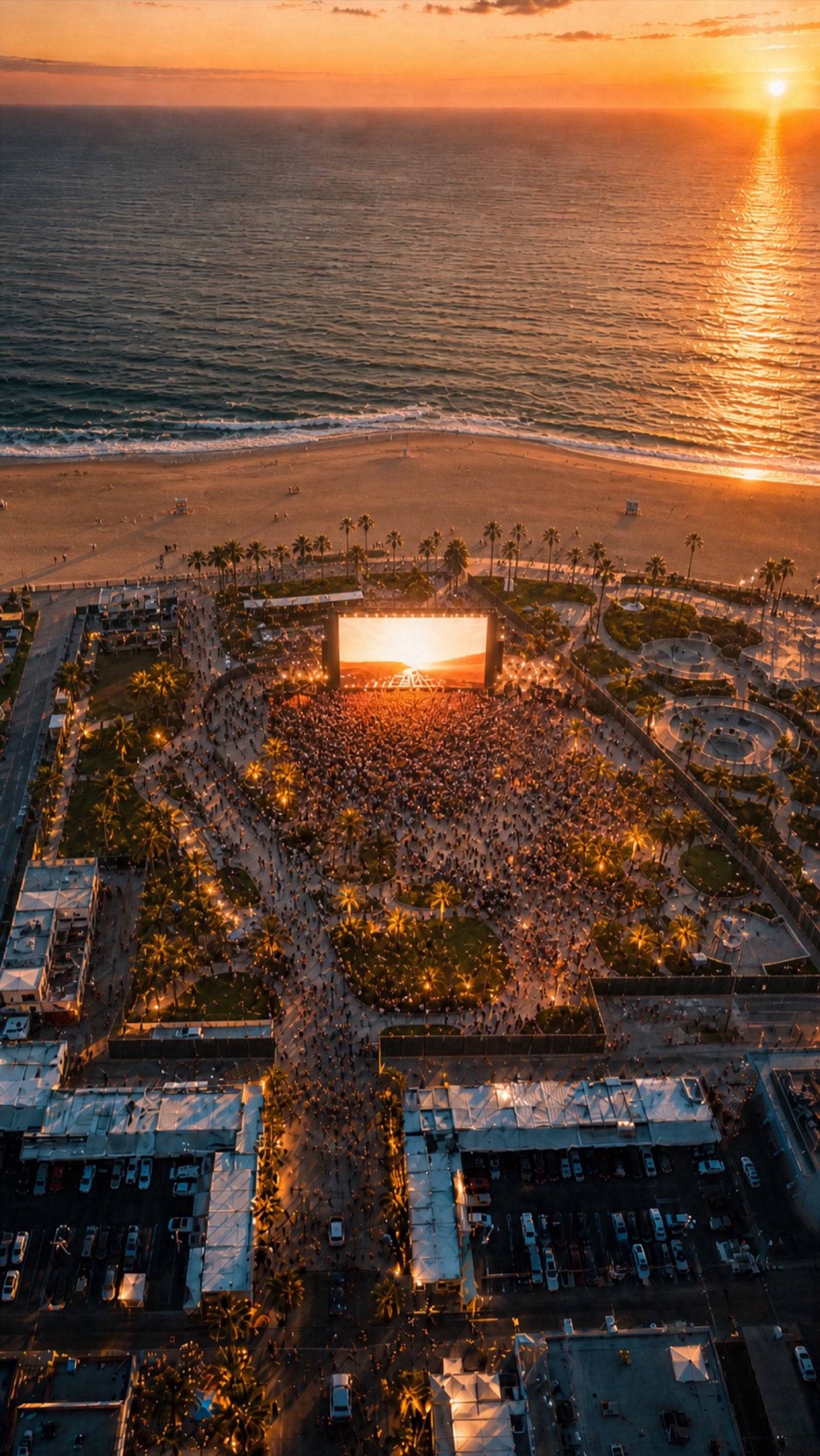Aerial of the Venice Beach Fan Zone at sunset with thousands of fans gathered around a massive screen on Windward Plaza