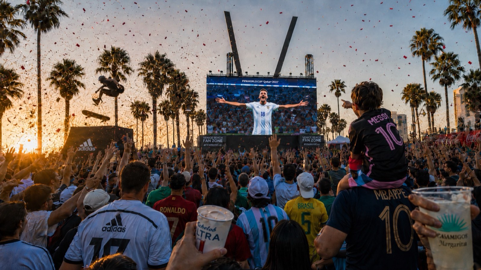 Massive crowd in jerseys cheering as a goal is shown on the Fan Zone screen at sunset